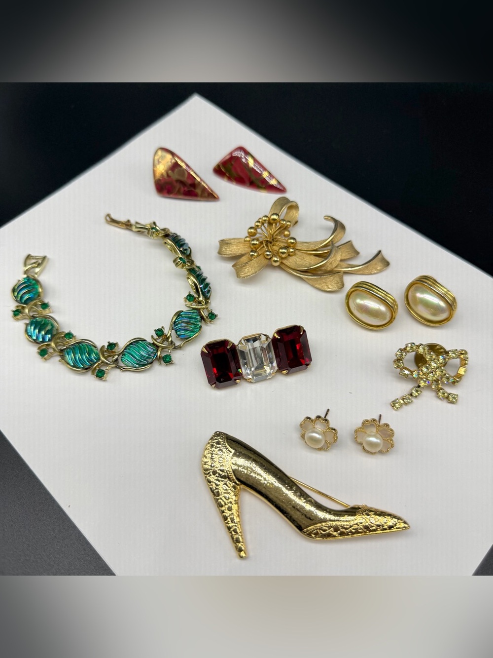 Vintage Jewelry Lot Coro iridescent bracelet Shoes Brooch Pearl Earrings